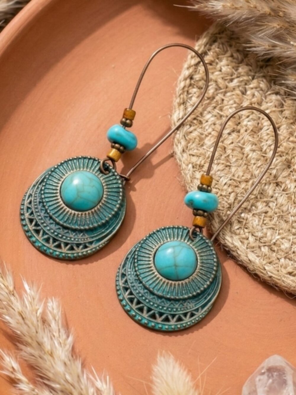 Boho Turquoise Drop Earrings Bronze Ethnic Carved Mandala Statement Dangle - Picture 6 of 12